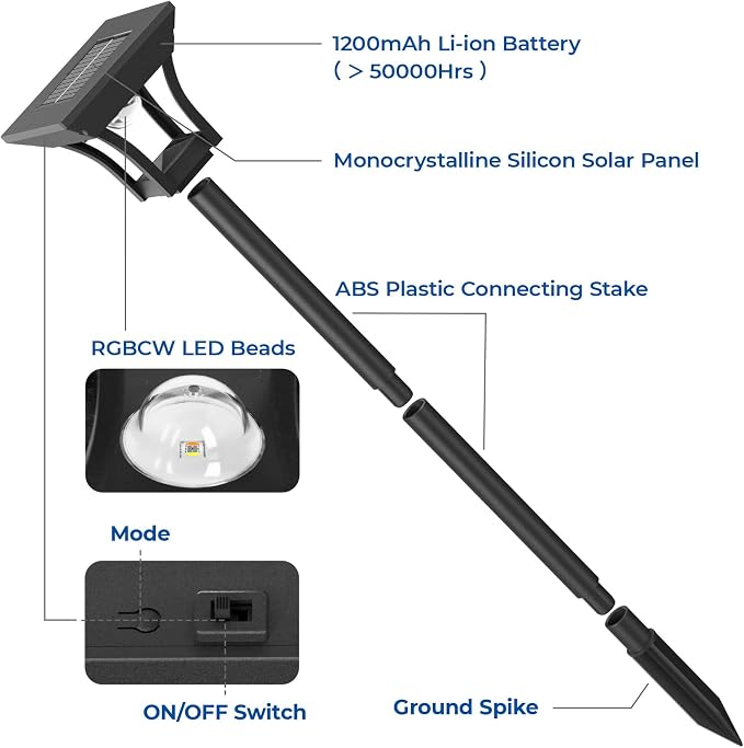 CINOTON 8 Pack RGBCW Solar Pathway Outdoor Lights, 3 Lighting Modes Solar LED - Image 9