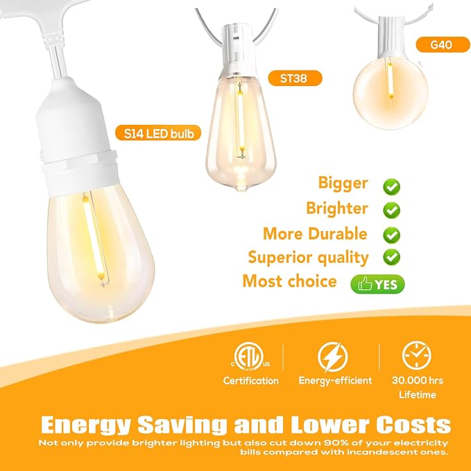 SUFEIMAS 100FT White Outdoor String Lights, IP65 Waterproof 30+2 Plastic LED - Image 4