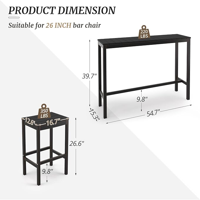 Outdoor Bar Height Table and Chairs Set, 3 Piece Black Top and Bronze Leg Patio - Image 3