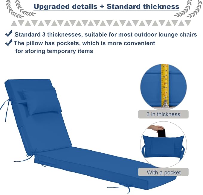 Outdoor Chaise Lounge Cushions Set of 2, Waterproof Fade Resistant Patio - Image 3