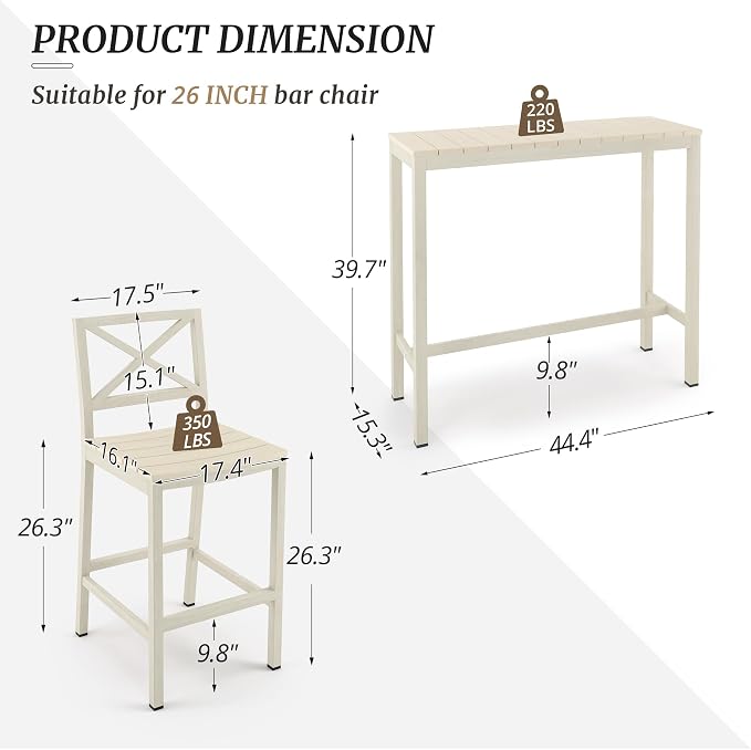 Outdoor Bar Height Table and Chairs Set, 3 Piece Patio Pub Bar Set - Image 3