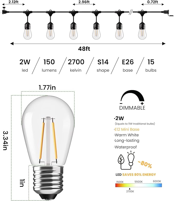 Svater 144 FT Outdoor String Lights 2W, Patio Light - Image 4