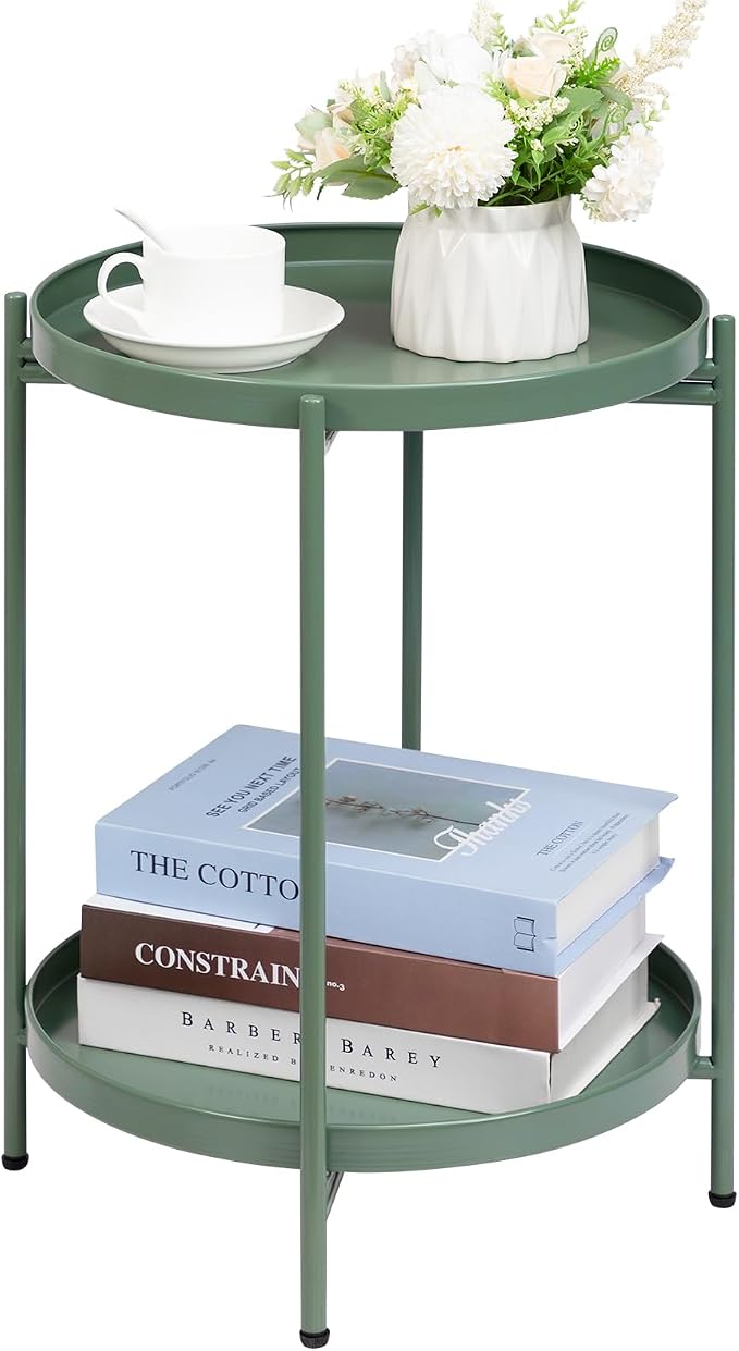 HollyHOME 2-Tier Round Side Table, Outdoor Small Folding Accent Stand by HollyHOME