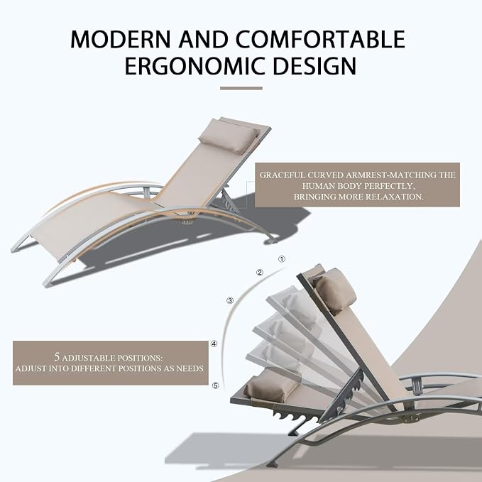 Domi Pool Lounge Chairs Set of 2, Adjustable Aluminum Outdoor Chaise Lounge - Image 3