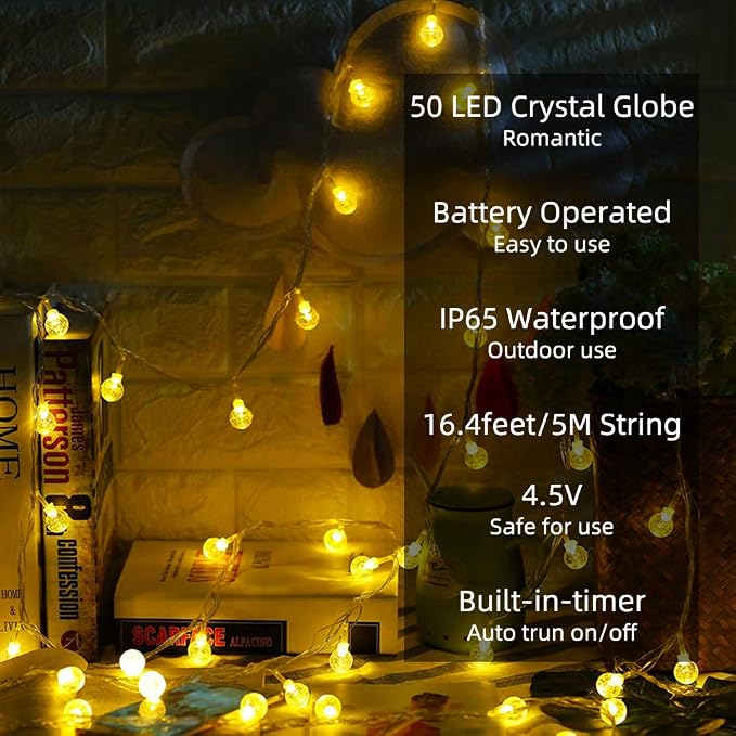 Metaku Globe String Lights Fairy Lights Battery Operated 16.4ft 50LED String - Image 2