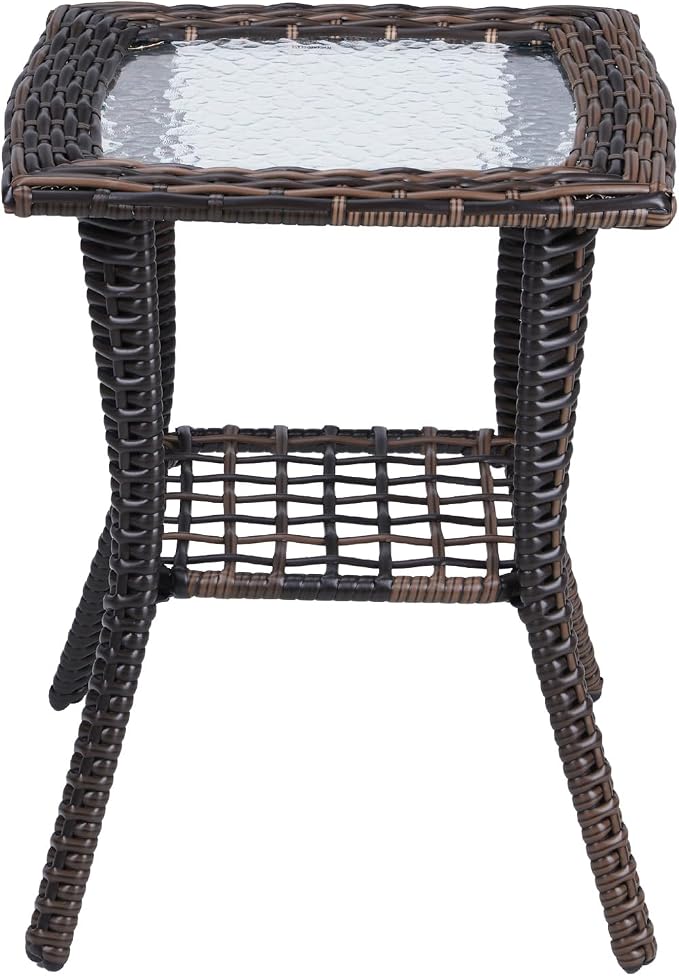 Outdoor Side Table with Storage Wicker Patio Side Table, Tempered Glass Top End - Image 4