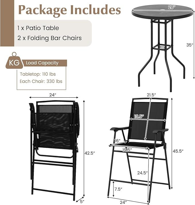 COSTWAY 3 PCS Patio Table and Chairs Set, Bistro Furniture - Image 4
