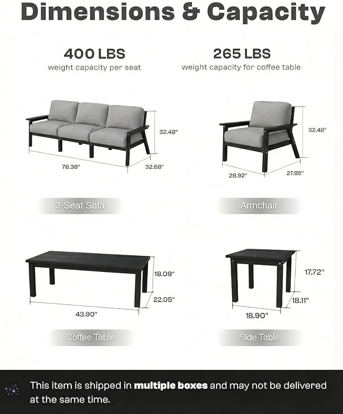 Patio Furniture Set with Washable Thick Grey Cushions, Coffee Table & Side Table - Image 2