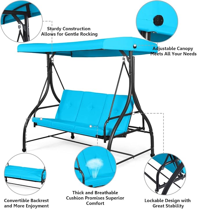Tangkula 3 Seats Converting Patio Swing, Outdoor Porch Garden Canopy Swing - Image 5