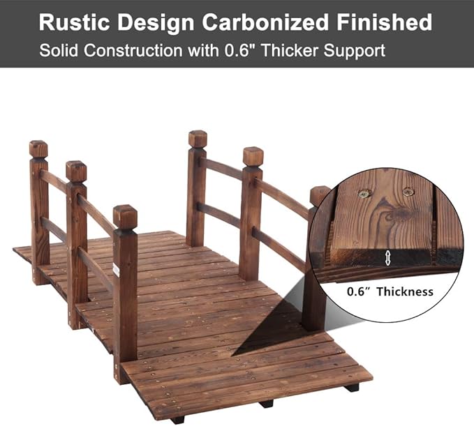 VINGLI 5 ft Garden Bridge, Classic Wooden Arch - Image 5