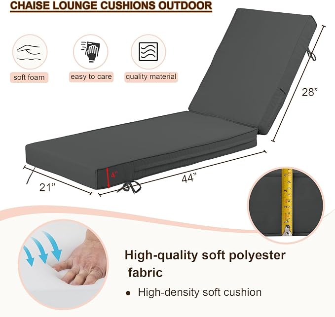 Outdoor Chaise Lounge Cushion, 4 Inch Thick Waterproof Fade Resistant Patio - Image 4