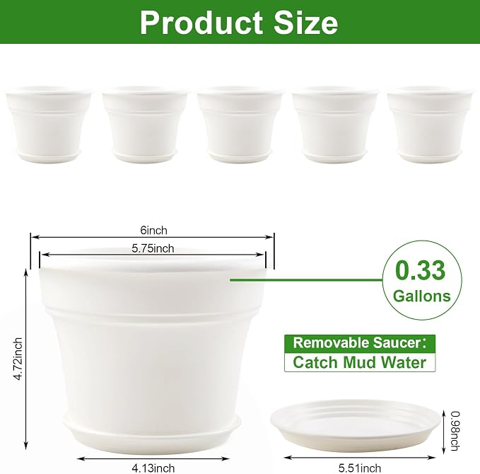 6 Inch Plastic-Flower Pot-for-Indoor Plants, 6 Pack Outdoor Plant Pots - Image 3