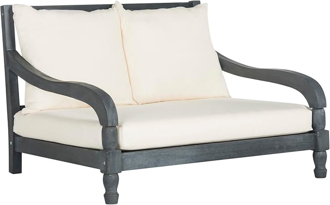 SAFAVIEH Outdoor Collection Pomona Ash Grey Solid Wood/Beige Lounger Bench Sofa - Image 4