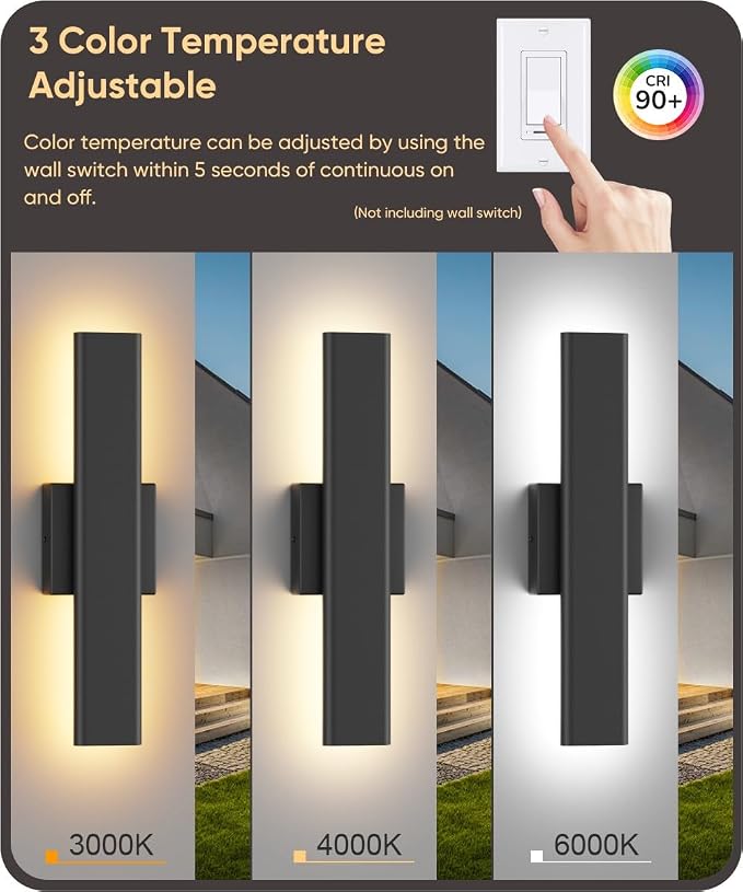 Aipsun 2 Packs Outdoor Wall Sconce, 3000K 4000K 6000K, 15.75in Modern Black - Image 4