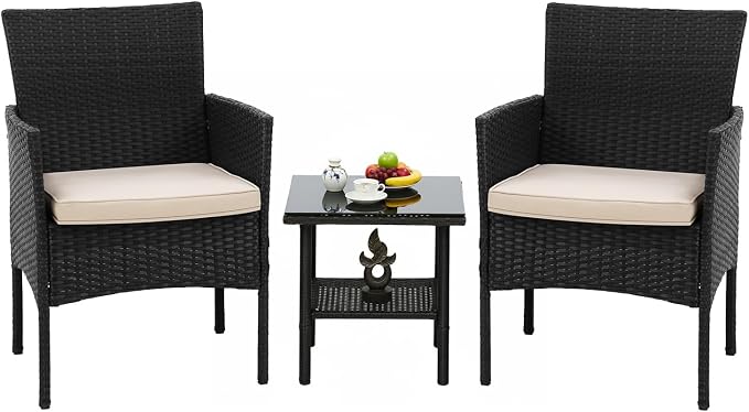 FDW 3 Pieces Patio Furniture Set Outdoor Wicker Bistro Sets Modern Rattan Chair by FDW