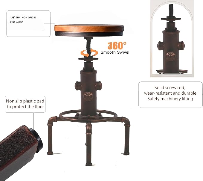 Topower Antique Vintage Industrial Barstool Solid Wood Water Pipe Fire Hydrant - Image 6