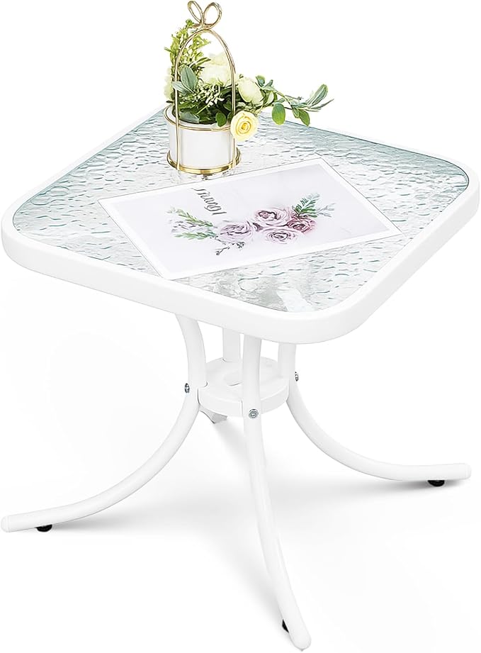 VINGLI Outdoor Side Table, 18in Patio Table Steel Frame Tempered Glass Top by VINGLI