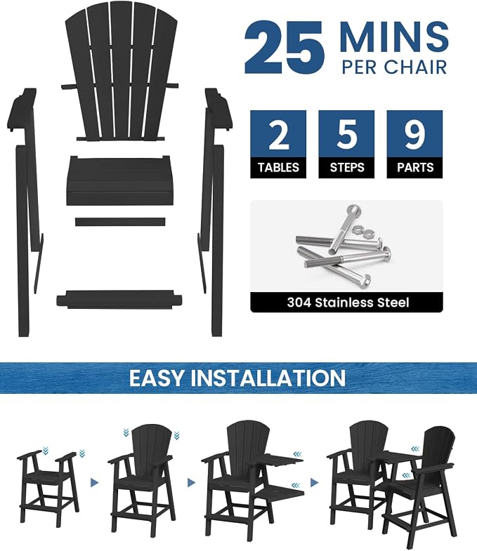 Ciokea Tall Adirondack Chairs Set of 4, HDPE Outdoor Adirondack Bar Stools - Image 4