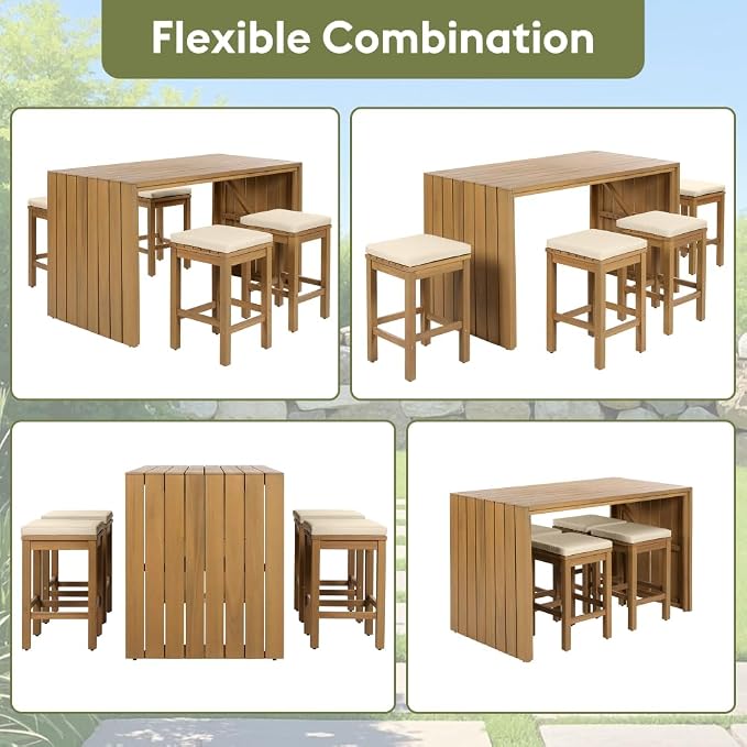5 Piece Outdoor Bar Set, Patio Acacia Wood Bar Height Table & Four Stools - Image 3