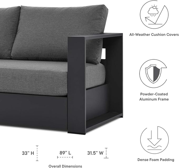 Modway Tahoe Aluminum Outdoor Patio Sofa in Gray Charcoal - Image 8