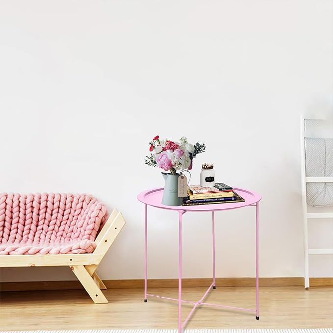 Garden 4 you End Table 2 PCS Metal Side Table Pink Round Folding Tray Cyan Sofa - Image 2