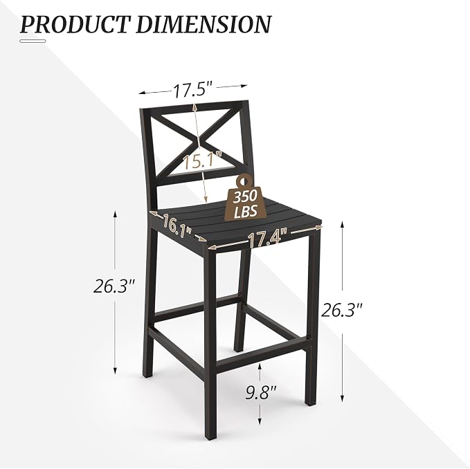 Outdoor Bar Stools Set of 2, 26 Inch Black HDPS Top and Bronze Leg Patio - Image 3