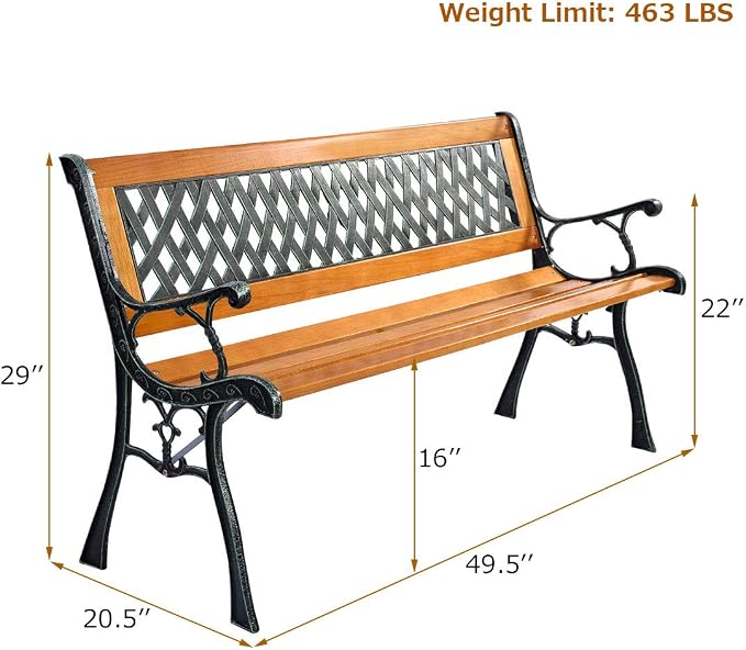 Giantex 50'' Patio Bench, Outdoor Furniture Cast Iron Hardwood Frame Porch - Image 3