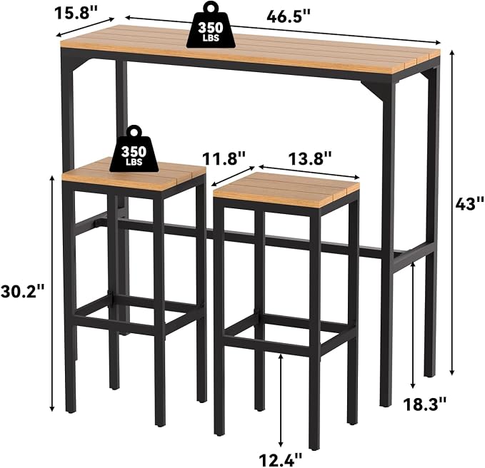 AECOJOY 3-Piece Outdoor Bar Set, Patio Bar Height Table and Chairs Set 47" - Image 4