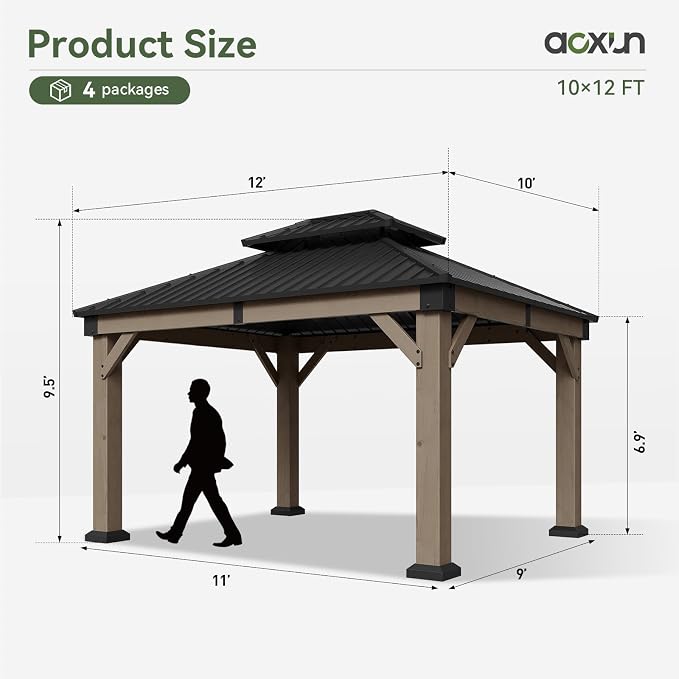 Aoxun 10' x 12' Outdoor Wood Gazebo, Hardtop Gazebo Permanent Wooden Pavilion - Image 8