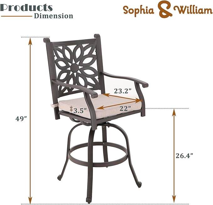 Sophia & William 3 Pieces Cast Aluminum Patio Bar Set, Round Outdoor Bar Table - Image 8