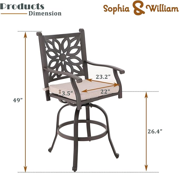Sophia & William Cast Aluminum Patio Bar Chairs Set of 2, Bar Height Swivel - Image 6