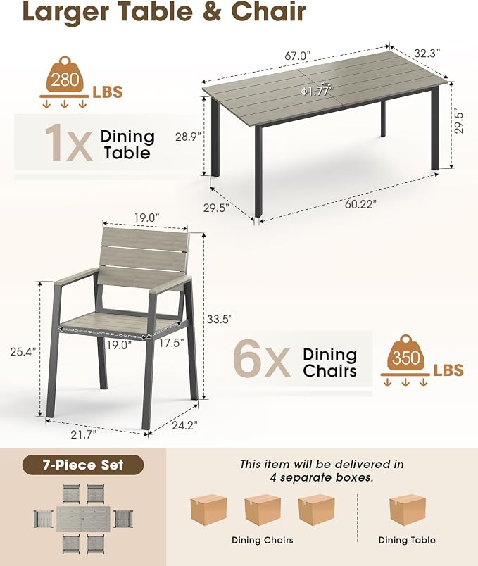 Outdoor Patio Dining Set for 6, Aluminum 7 Piece HDPS Patio Table and Chairs Set - Image 6