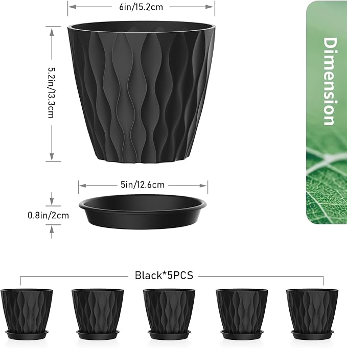 6 inch Plant Pots, 5 Pack Flower Pots - Image 2
