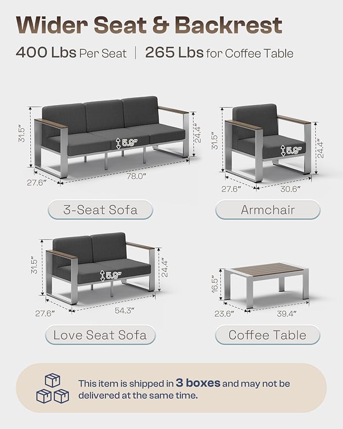 Outdoor Aluminum 3-Seat Sofa, Modern Patio Patio Furniture - Image 7