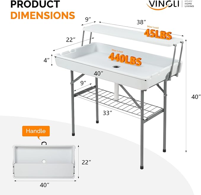 VINGLI Ice Table with Extra Storage Shelf, Portasble Cooler Side Table with - Image 2