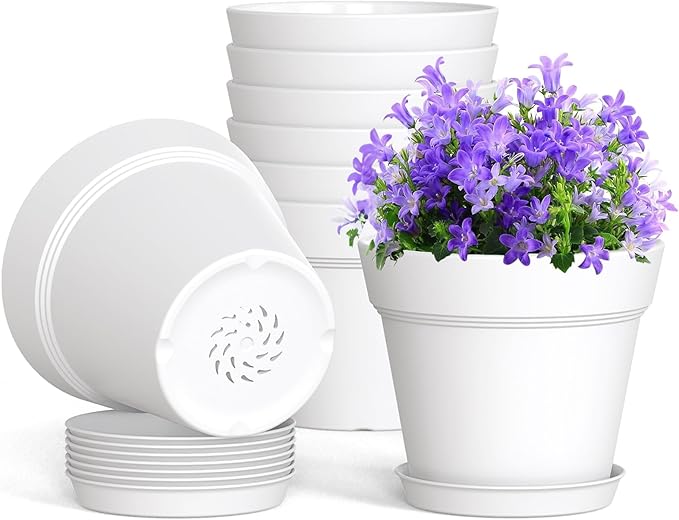 4 Inch Plastic Plant Pots with Drainage Holes and Trays – 8 Pack Small Nursery by WSMKSZ