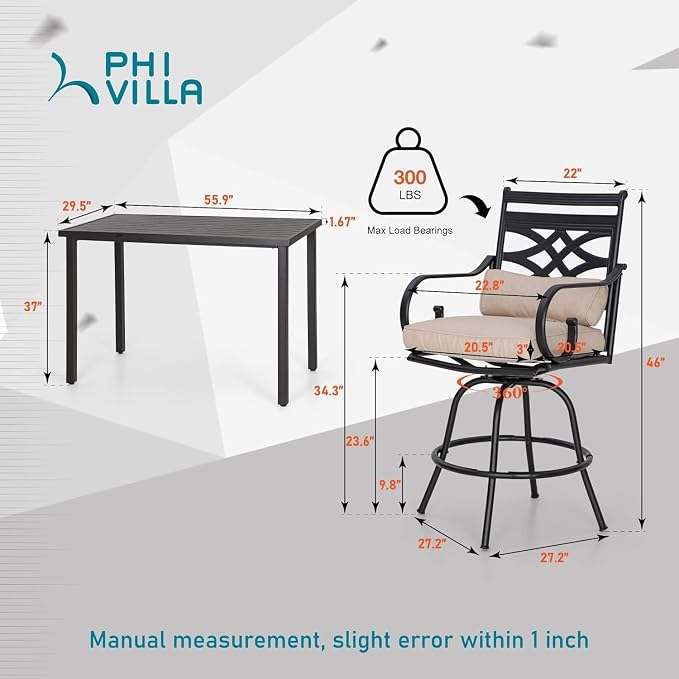 PHI VILLA 5 Piece Patio Bar Set, Outdoor Bar Table and Chairs Set, Strong and - Image 8