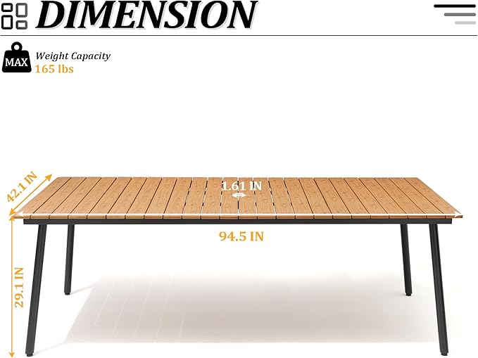 95" Patio Outdoor Dining Table for 8-10, Weather-Resistant Wood-Grain Top - Image 3