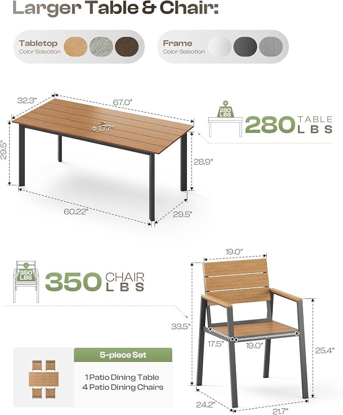 Outdoor Dining Set for 4, Aluminum Patio Table and Chairs Set - Image 6