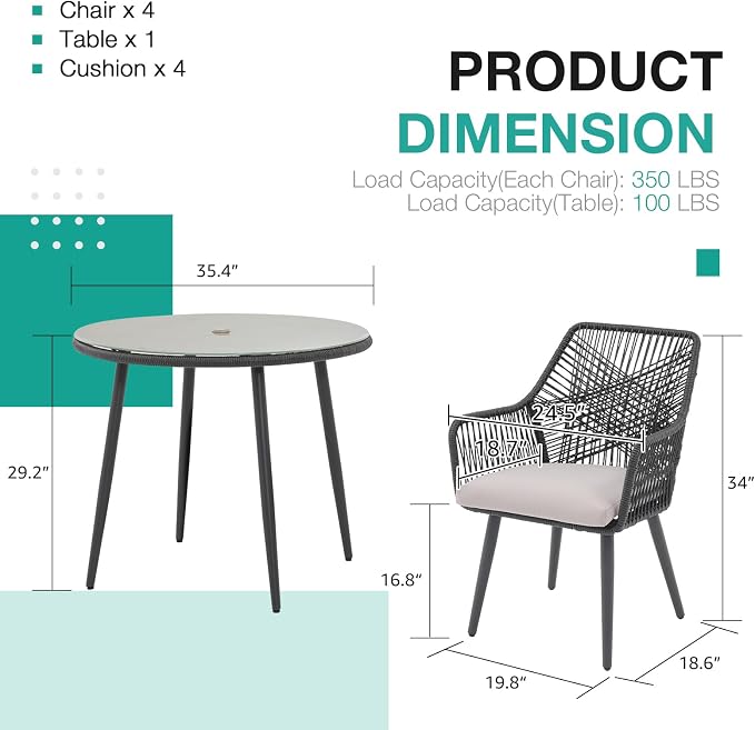 Patiorama 5-Piece Patio Dining Set, Outdoor Dining Table Chair Set, All-Weather - Image 2