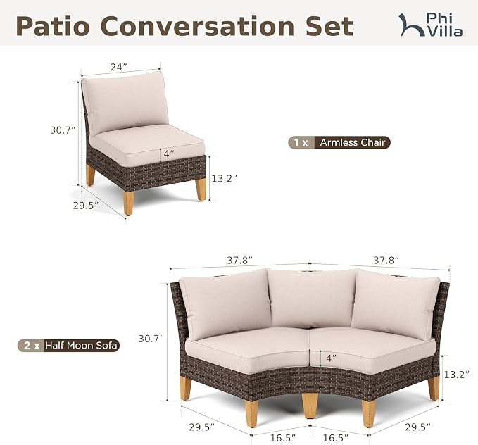 PHI VILLA 3-Piece Wicker Patio Furniture Set, Outdoor Curved Sectional Sofa - Image 2
