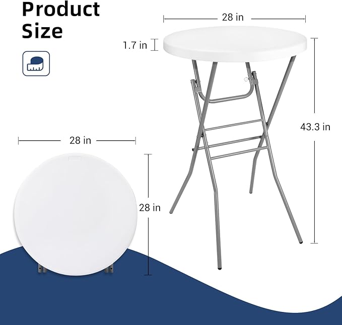 28in Cocktail Table White High Top Folding, Round Portable Bar Height Folding - Image 3