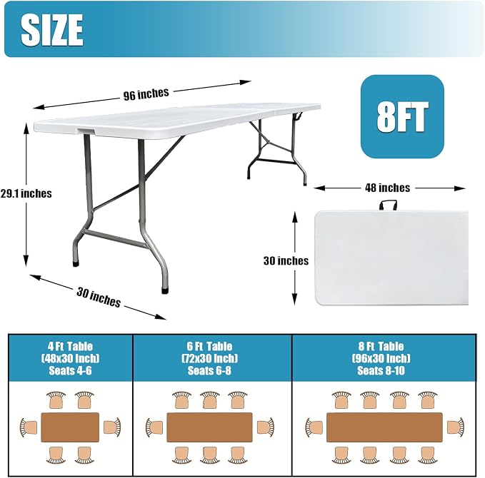 8 Foot Folding Table 8ft Foldable Portable Plastic Picnic Tables - Image 3