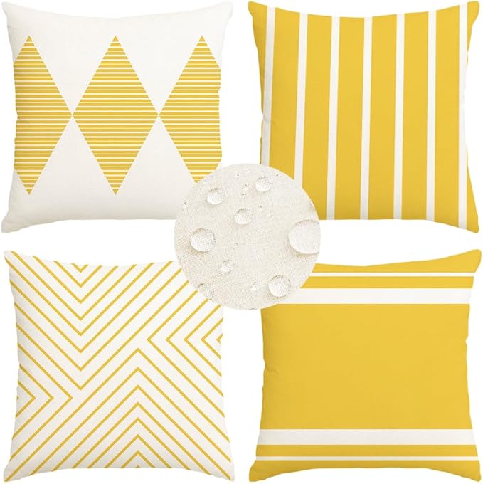 RABUSOFA Yellow and White Outdoor Pillows Waterproof, 18x18 inch Boho Summer by RABUSOFA