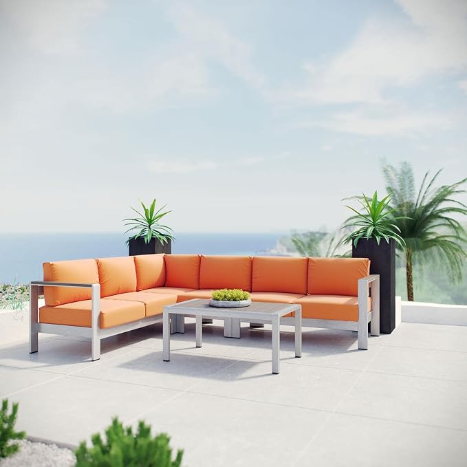 Modway Shore 5-Piece Aluminum Outdoor Patio Sectional Sofa Set in Silver Orange - Image 2