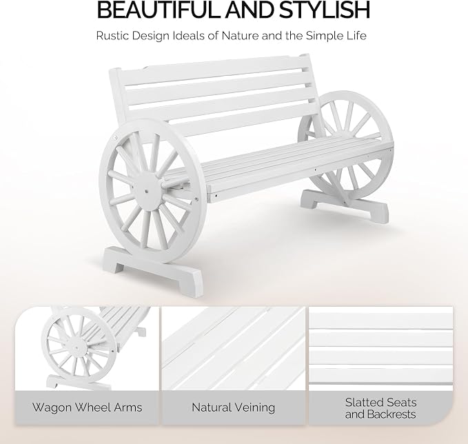 VINGLI Rustic Wooden Wheel Bench Outdoor Bench, Patio Bench Wagon Slatted Seat - Image 4