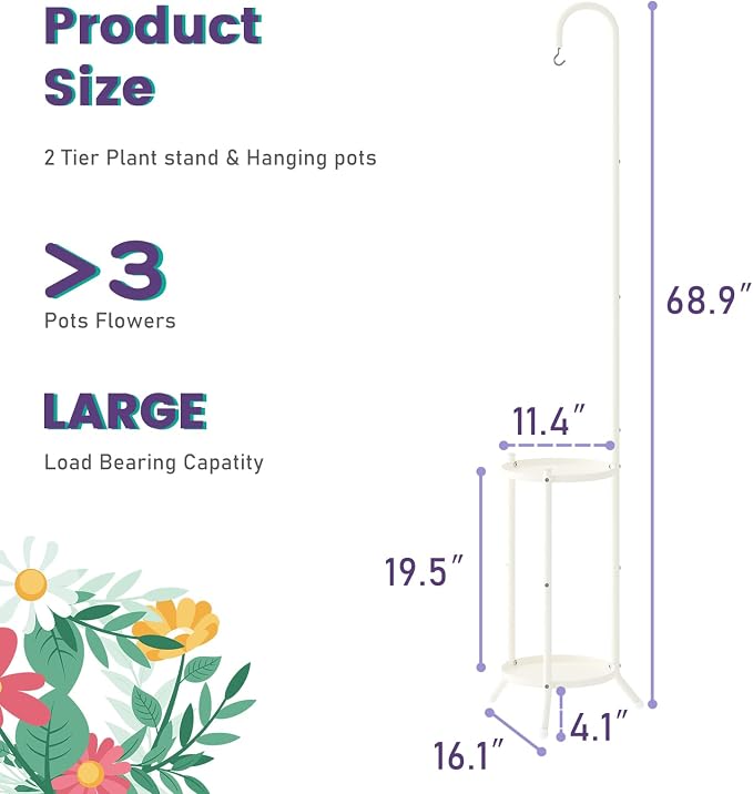 2-Tier Metal Plant Stand with Hanging Hook, Indoor Outdoor Plant Shelf - Image 6