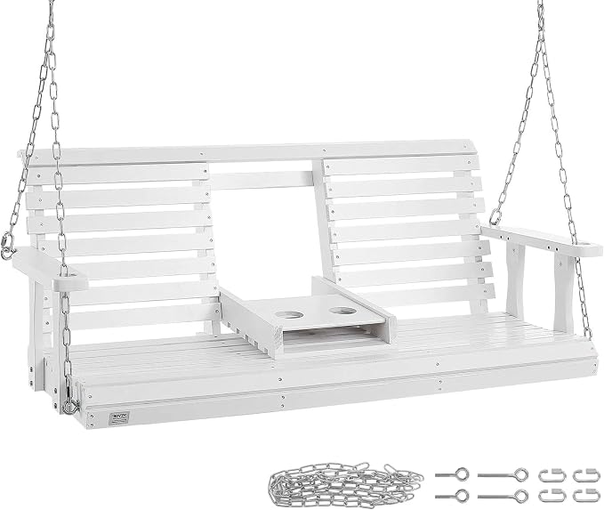 5 Ft Wooden Porch Swing with Flip Cup Holder, Swing Chair Bench with Hanging by Unknown