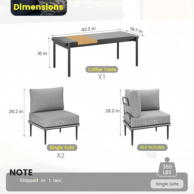 Sundale Outdoor 3 Pieces Patio Furniture Set, Metal Outdoor Sectional Sofa - Image 2