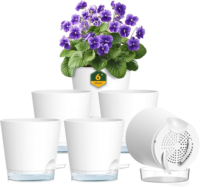 6 inch Self Watering Pots for Indoor Outdoor Plants, 6 Pack Flower Plant Pots by Meowell
